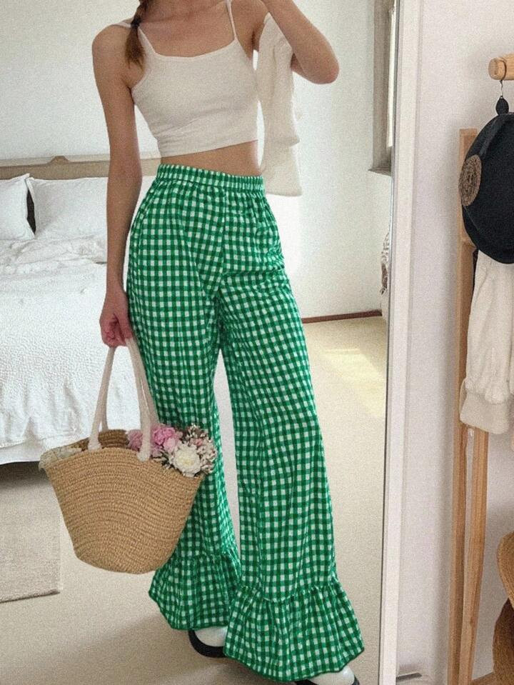 INAWLY Women's Vacation Casual Plaid Wide-Leg Pants | SHEIN