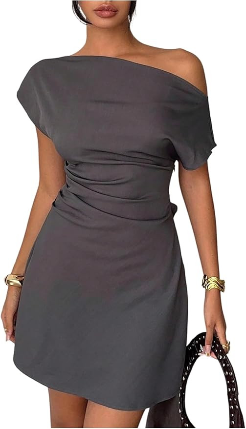 MakeMeChic Women's Asymmetrical Neck Ruched Mini Dress Short Sleeve Business Dresses | Amazon (US)