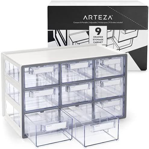 ARTEZA 9 Drawer Storage Cabinet, 16.1 x 9.3 x 9.8 inches, White, Plastic Drawers? with Stoppers, ?Mu | Amazon (US)