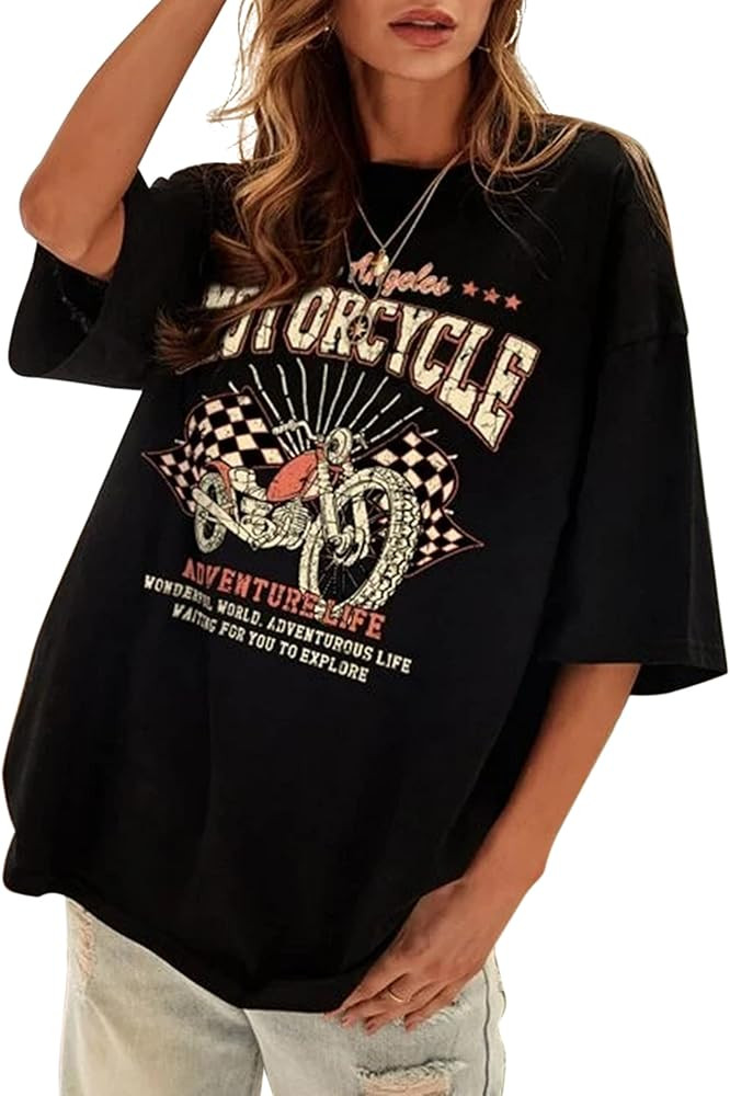 SAFRISIOR Women Vintage Motorcycle Print Graphic T-Shirt Short Sleeve Round Neck Casual Oversized... | Amazon (US)