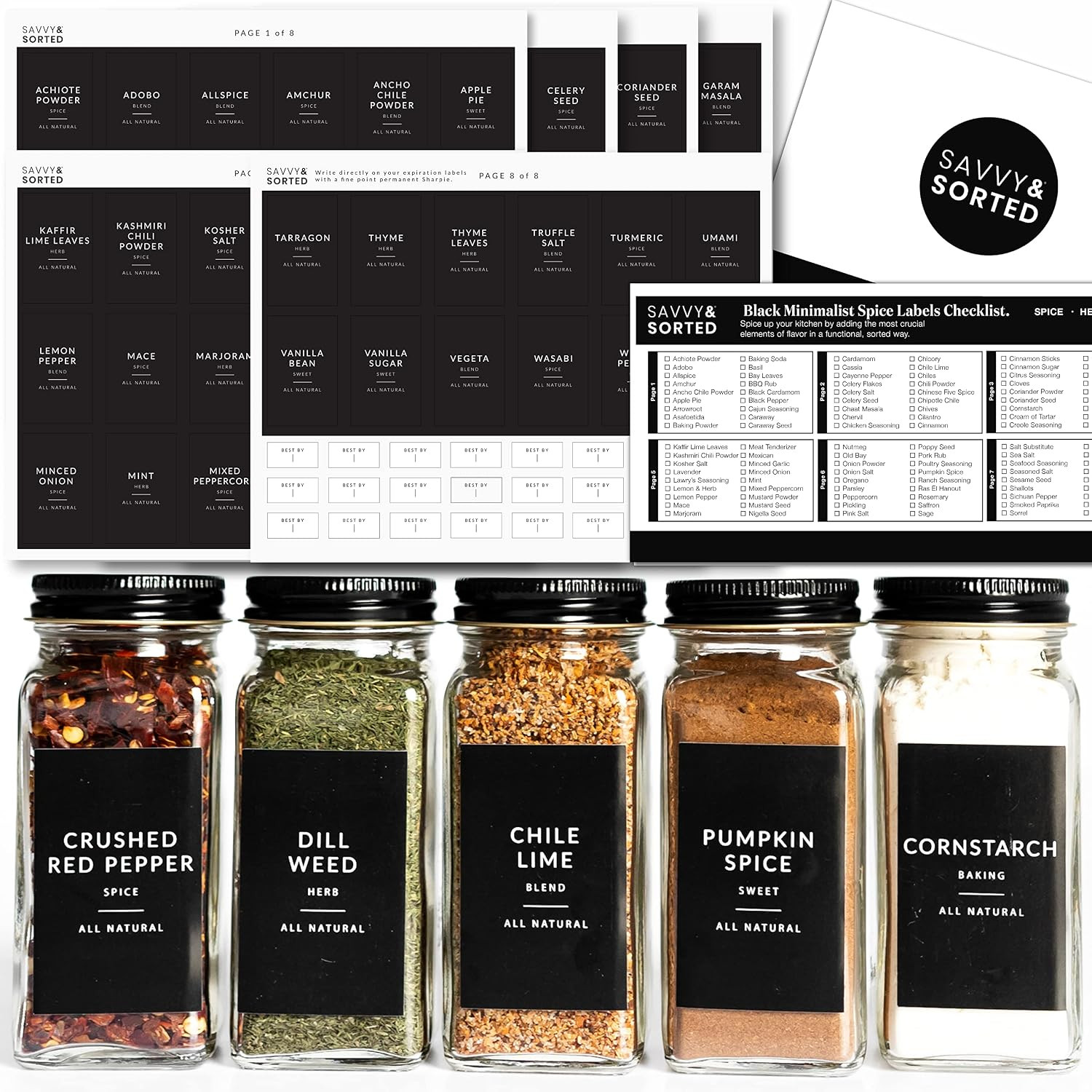 Black Spice Labels for Glass Jars, 148 Spice Jar Labels Stickers Preprinted Waterproof, Rectangle Herb Seasoning Stickers Containers Kitchen Pantry Organization | Amazon (US)