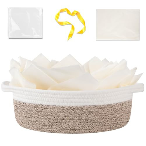 OIAHOMY Gift Basket Empty with Handle, 12"x 8"x 5" Small Woven Basket with Gift Bag, Ribbon and Wrap Tissue Paper, Dog Toy Storage for Organizing - Brown & White | Amazon (US)