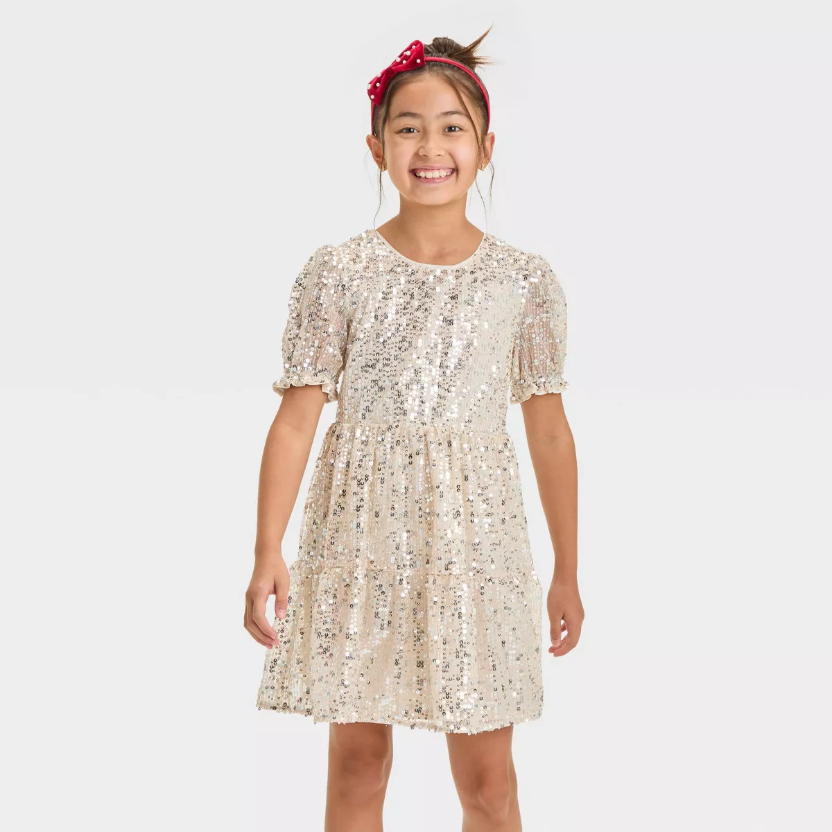 Girls' Short Sleeve Sequin Dress - Cat & Jack™ Cream | Target