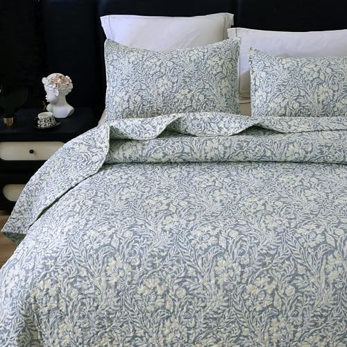 DURLENGEN Bluish Grey Botanical Quilt Set King Size 3Pcs, Bluish Grey Printed with Beige Leaves P... | Amazon (CA)