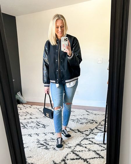 Fall outfits. Baseball jacket. Straight leg jeans. Abercrombie. H&M. Minimal chic style. Casual style. Affordable style. Trendy outfits. 

Jacket: Small
Button-down: Small
Tank: Small
Jeans: 4/27

#LTKstyletip #LTKSeasonal #LTKunder100