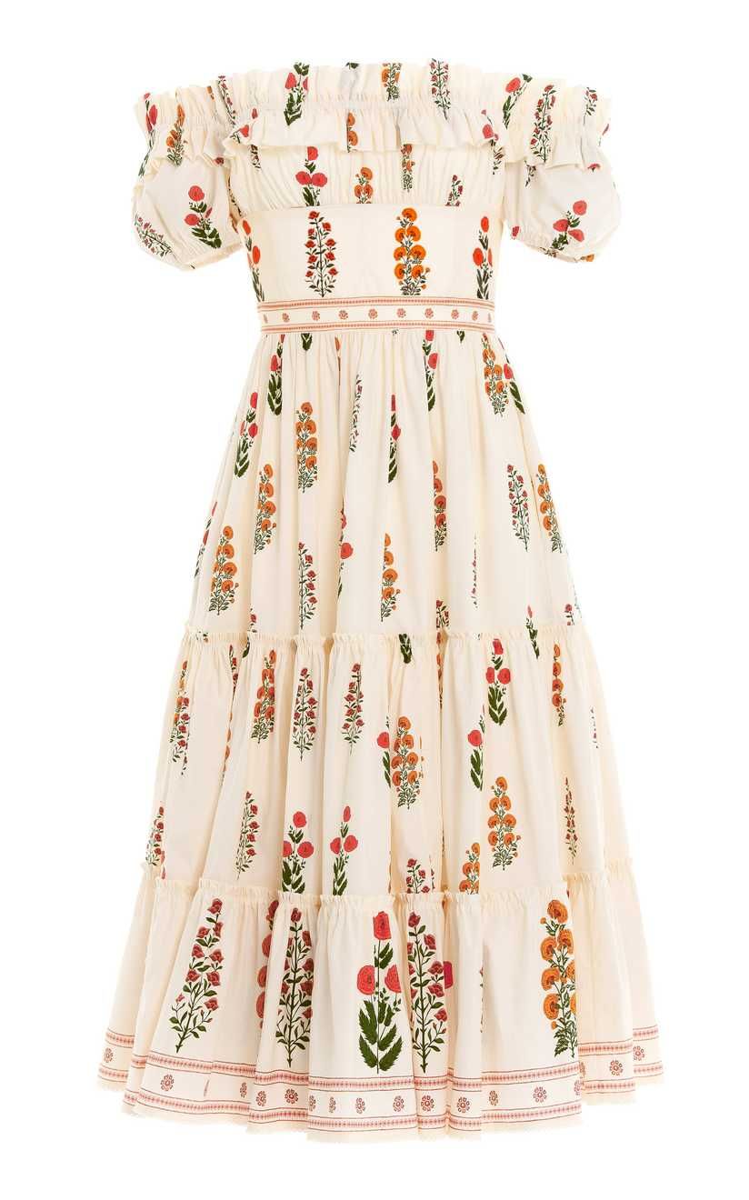 Banana Dahlia-Embroidered Cotton Poplin Off-The-Shoulder Midi Dress | Moda Operandi Global