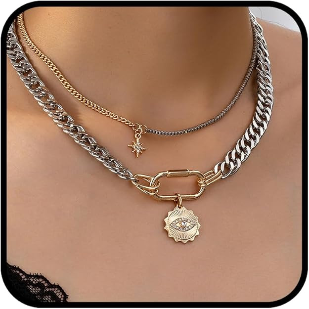Gold Layered Necklaces For Women, 3PS Chunky Two Tone Necklace Silver Coin Pendant Paperclip Stac... | Amazon (US)
