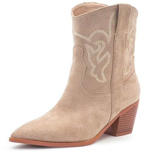 iiimmu Western Boots Women Ankle Boots Pointed Toe and Chunky Low Heel Booties Cowboy Suede Boots with Embroidered, Beige, Size 10 | Amazon (US)