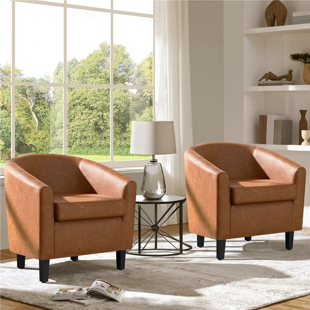 Renwick Faux Leather Barrel Accent Chair for Living Room, Set of 2, Brown | Walmart (US)