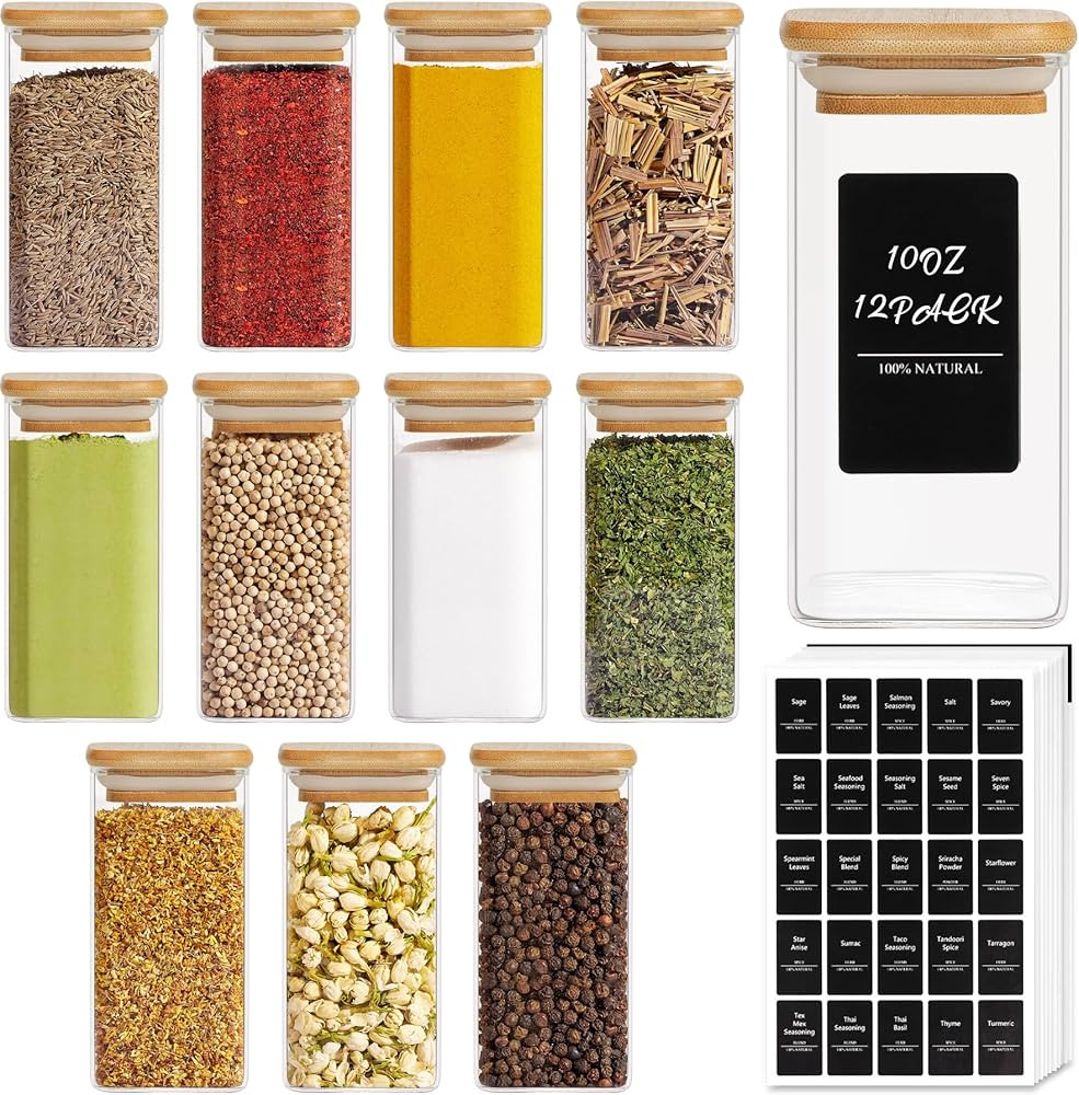 ComSaf 12Pcs Glass Spice Jars with Bamboo Lid, 10oz Airtight Square Containers with 275 Black Lab... | Amazon (US)