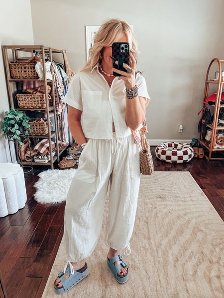 I love an all white look but make it fun! 🌈 
Button up M
Gauze pants M
Sandals TTS 
🐚 Shell necklace & gold hoops are @shopbeljoy on IG save with code MANDIE25 
• Watchband save with code MANDIE 
Summer outfit, all white look 

#LTKStyleTip #LTKShoeCrush #LTKOver40