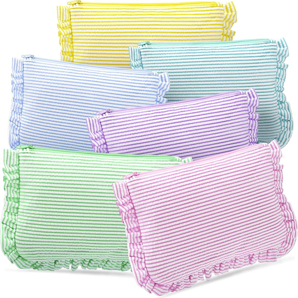 Sanwuta 6 Pcs Seersucker Cosmetic Bag Bulk Striped Ruffle Makeup Bag for Women with Zipper Cute T... | Amazon (US)