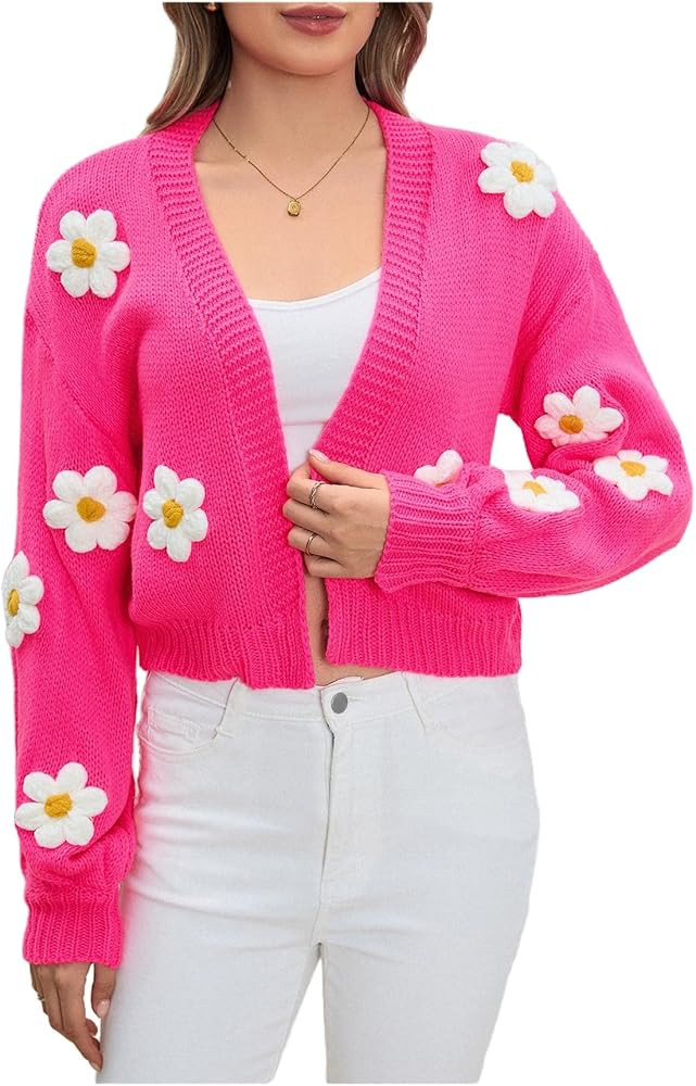 MakeMeChic Women's 3D Floral Cardigan Sweaters Open Front Cropped Cute Cardigan Lantern Sleeve Ou... | Amazon (US)