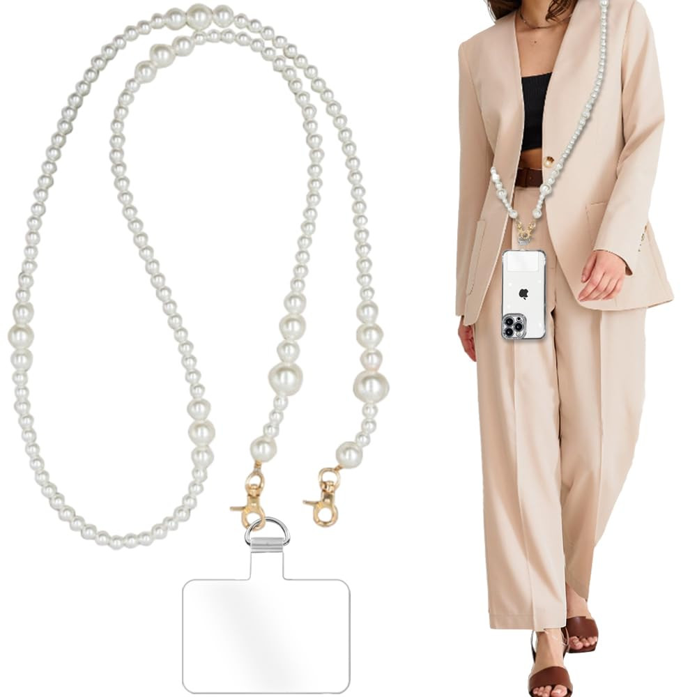 Phone Chain Crossbody Pearl Strap, Pearl Beaded Chain Shoulder Crossbody Lanyard with Phone Tethe... | Amazon (US)