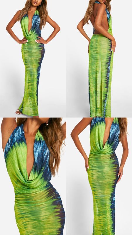Lime summer dress. Cowl neck, tie dye, mesh maxi dress. Lime green and blue.  Party and events collection. Wardrobe staple. Timeless. Gift guide idea for her. On sale! under £30. Luxury, elegant, clean aesthetic, chic look, feminine fashion, trendy look, date night out. Summer party, beach day, baby shower, holidays.
Boohoo outfit idea. 

#LTKspring #ThisIsMyBestT #LTKtravel