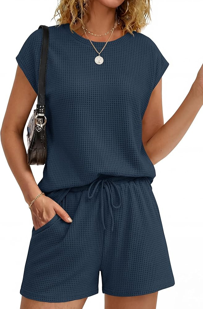 KIRUNDO 2 Piece Sets For Women 2026 Summer Waffle Knit Cap Sleeve Lounge Set Casual Travel Vacati... | Amazon (US)