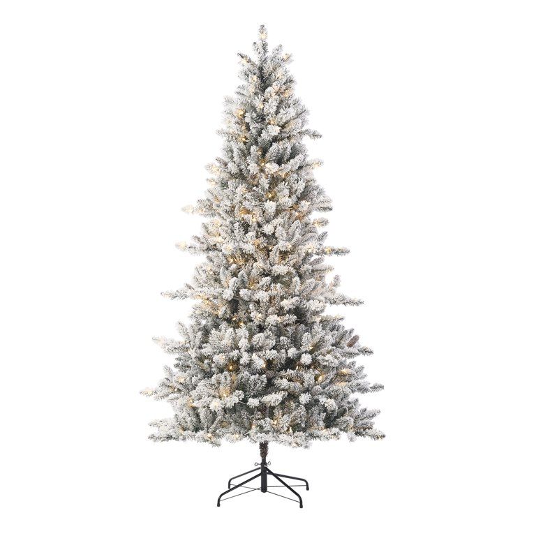 Holiday Time 7.5ft Pre-Lit Flocked Birmingham Fir Artificial Christmas Tree, Warm White LED, Gree... | Walmart (US)