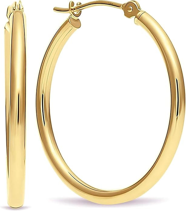 14k Yellow Gold Classic Real Gold Shiny Polished Hoop Earrings, Plain Round Gold Hoops | Amazon (US)