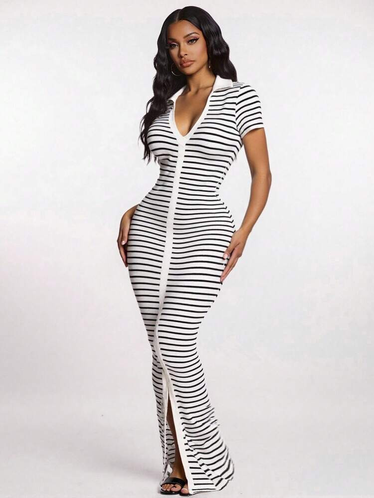 SHEIN SXY Black And White Striped Casual Maxi Dress With Collar And Front Split Striped Maxi Dress Short Sleeve Maxi Dress Casual Long Dress | SHEIN