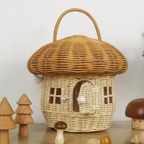 Mushroom Basket with Lid, Handmade Wicker Rattan Baskets Woven Shelf Organizer for Picnic Outdoor Home Decoration (Beige.A) | Amazon (US)