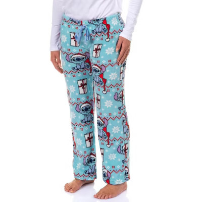 Disney Stitch Pajama Pants Women's Santa Hat Gifts and Snowflakes Lounge Bottoms Sleepwear (Large) Blue | Target