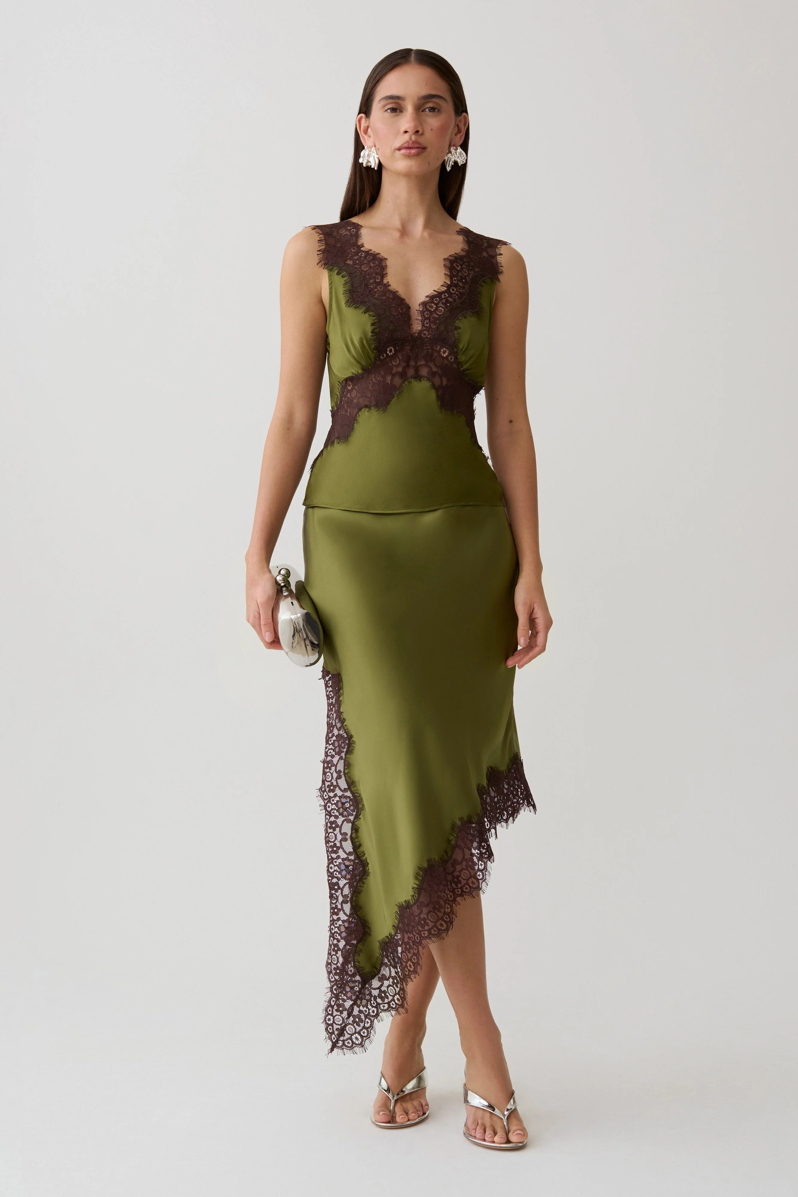 Amber Satin And Lace Camisole - Olive | MESHKI US