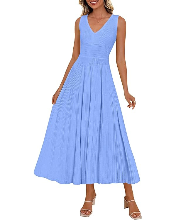 PRETTYGARDEN Summer Dresses for Women 2026 Spring Casual Sleeveless V Neck Pleated Midi Work Cock... | Amazon (US)
