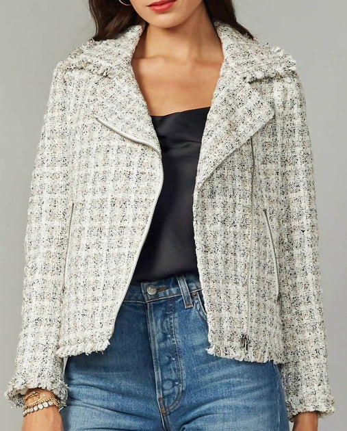 Vera Tweed Moto Jacket In Ivory | Shop Simon