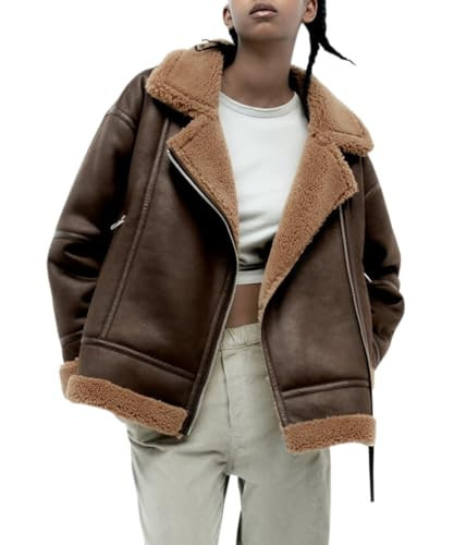 Glkaend Womens Brown Faux Leather Sherpa Lined Jacket Winter Warm Shearling Biker Coats with Pockets,Brown,XS | Amazon (US)