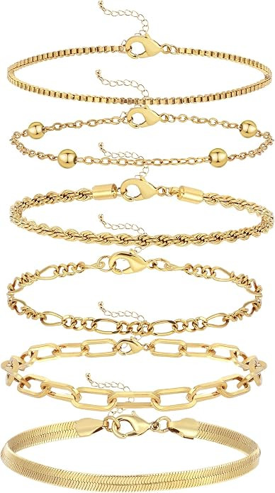 Waterproof Gold Bracelets for Women Trendy, Dainty 14K Real Gold Plated Fashion Stackable Bracele... | Amazon (US)