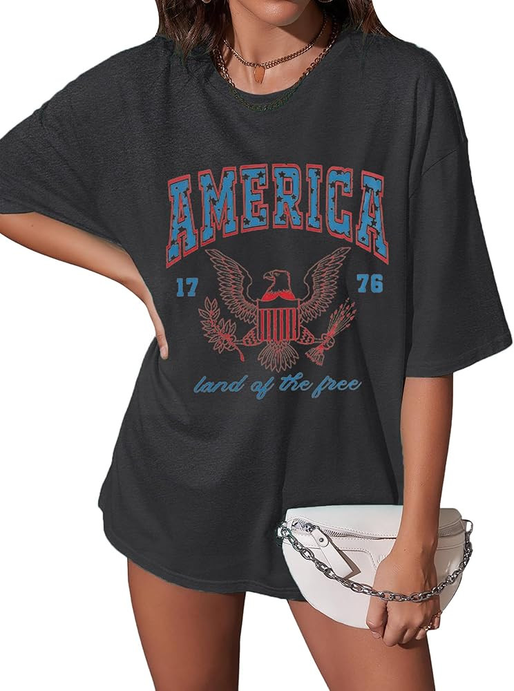 ASTANFY 1776 America Shirt Oversized Tshirts: Womens 4th of July Shirts Retro Eagles Band Tees Pa... | Amazon (US)