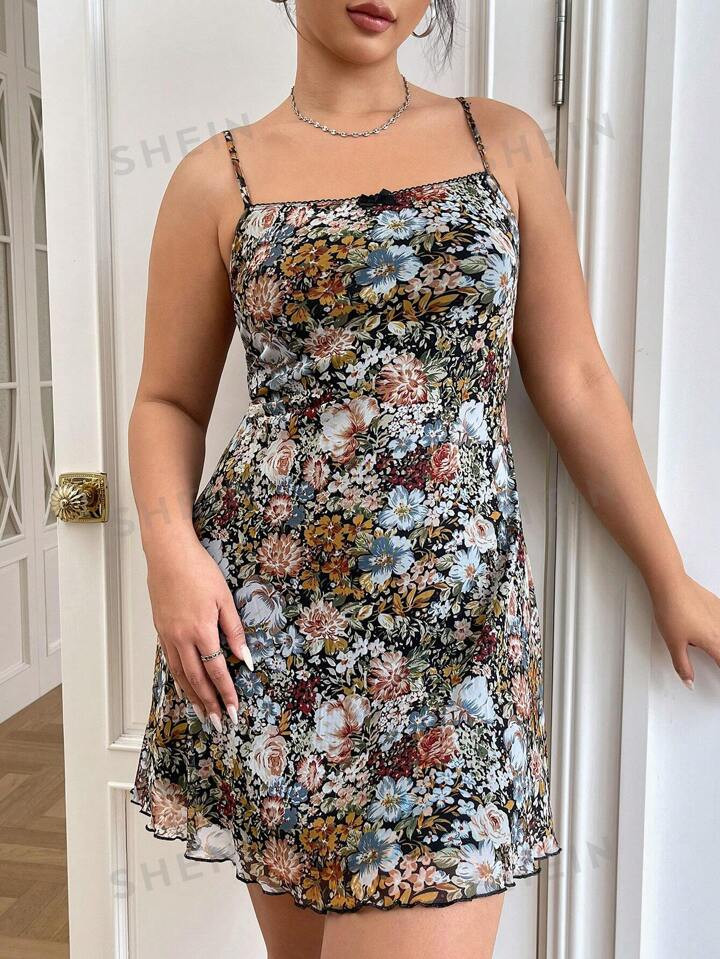 SHEIN CURVE+ Plus Size Bowknot Decoration Floral Printed Strappy Dress | SHEIN USA | SHEIN