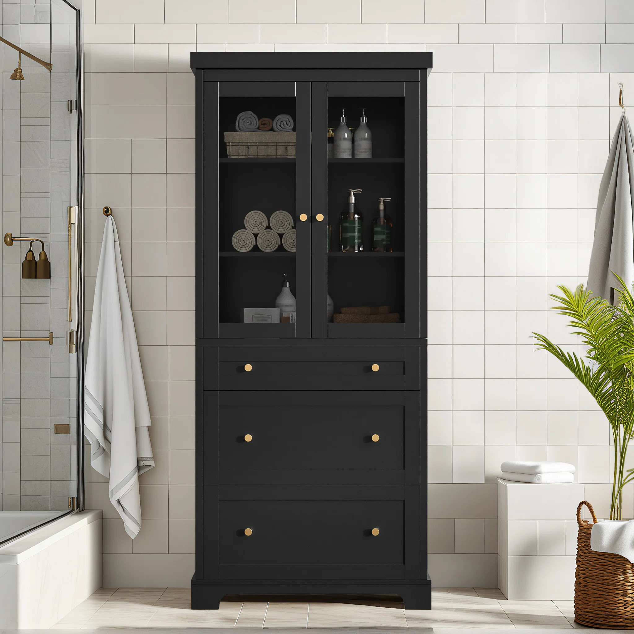 70.1" Freestanding Tall Bathroom Cabinet with Adjustable Shelves,Drawers,Soft Close Glass Doors | Wayfair North America