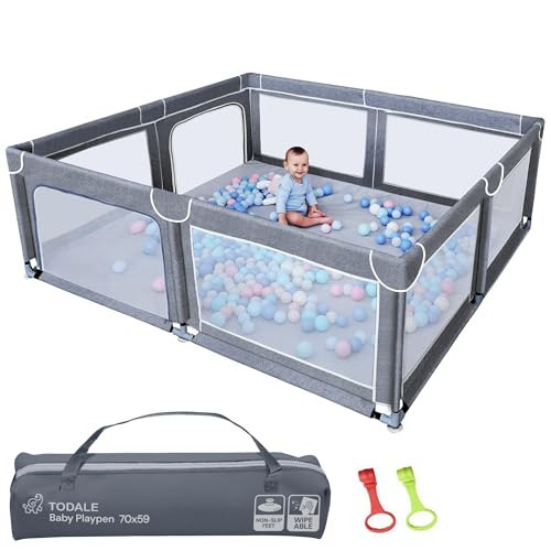 Todale Baby Play Yard - 70 x 59 in, Grey - Extra Large Mesh Playpen for Babies & Toddlers - Tear-Resistant Oxford Fabric & Suction Cup Feet - Breathable Zipper Gate & 360° Visibility | Amazon (US)
