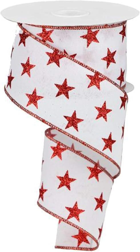 Stars Wired Edge Ribbon - 10 Yards (White, Red, 2.5") | Amazon (US)