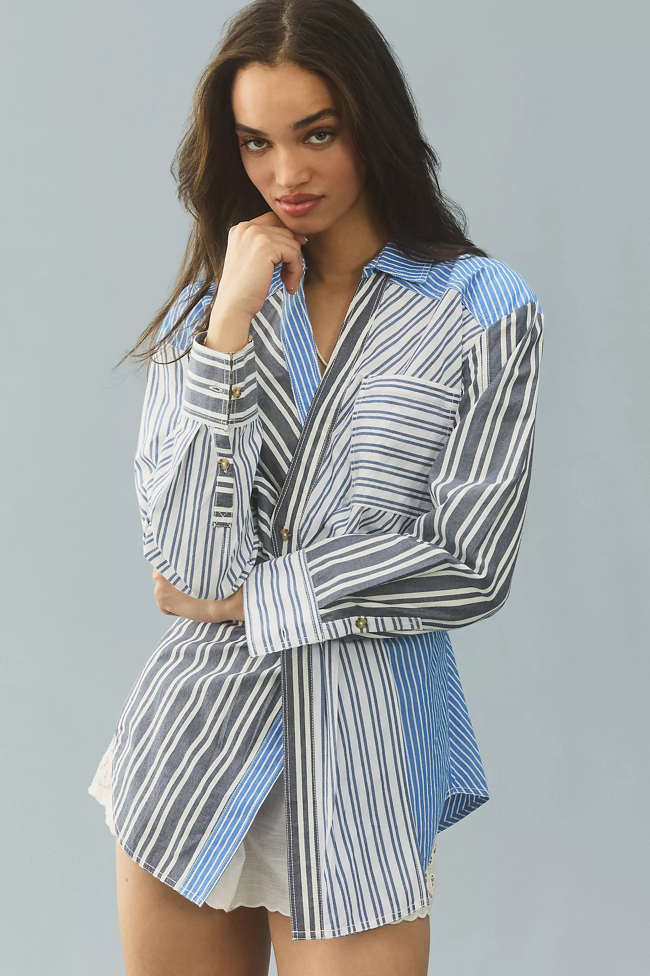 Pilcro Reworked Mixed Stripe Buttondown Shirt | Anthropologie (US)