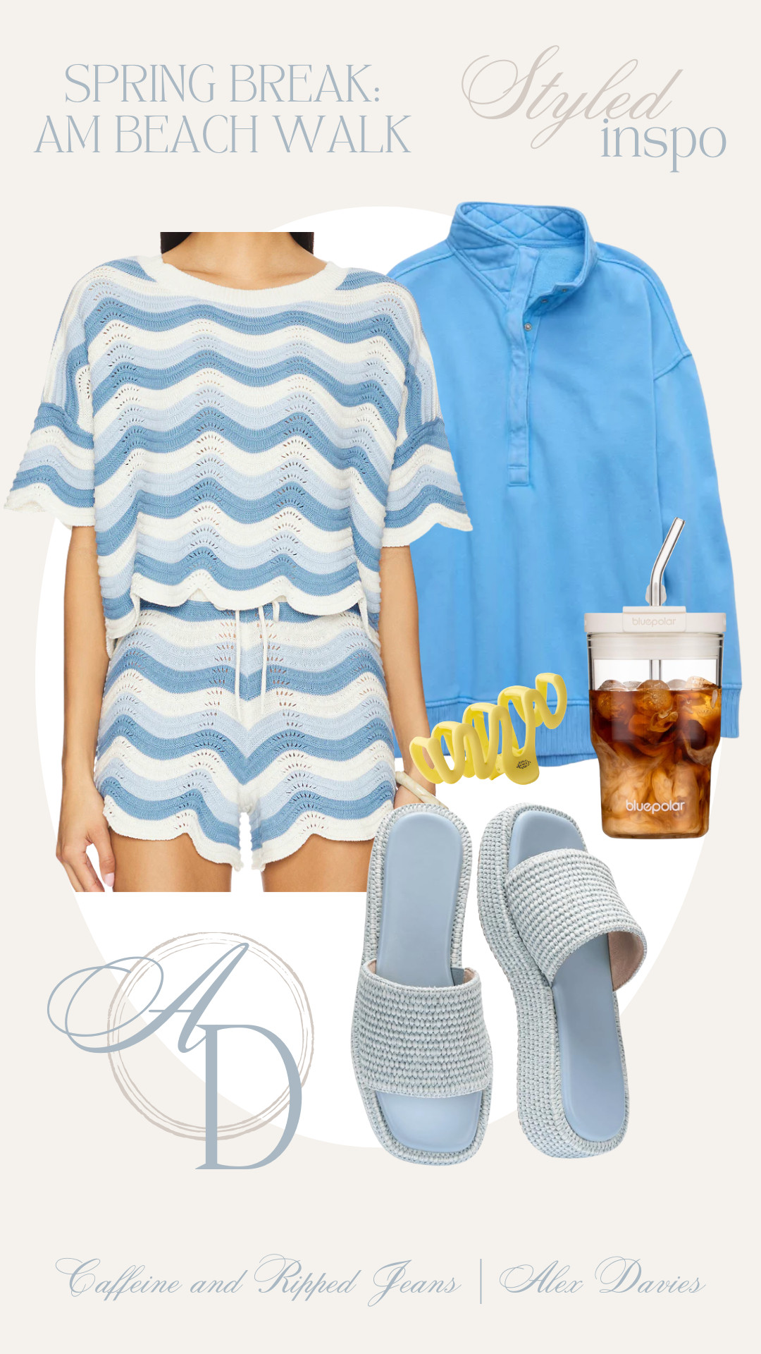 // spring break morning walk outfit // claw clip // free people claw clip // pullover // beachy pullover // sandals // travel cup for morning iced coffee // 

 #LTKSpringSale #LTKootd #LTKTravel