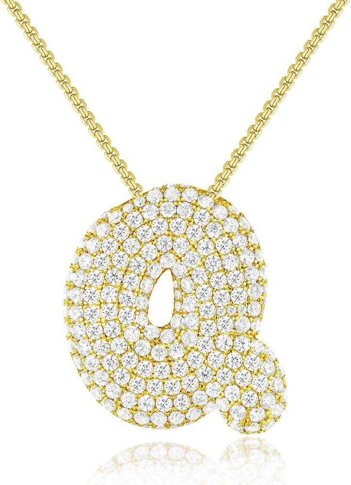 KissYan Bubble Letter Necklace, 14K Gold Plated Balloon Initial Pendant Box Chain Necklace Dainty... | Amazon (US)