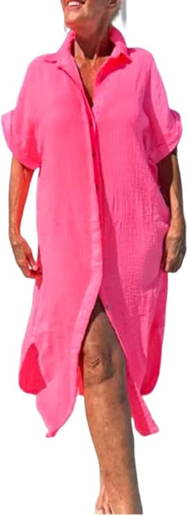 utcoco Women's Boho Color Block Shirt Dresses Beach Cover Ups Casual Short Sleeve Button Down Mid... | Amazon (US)
