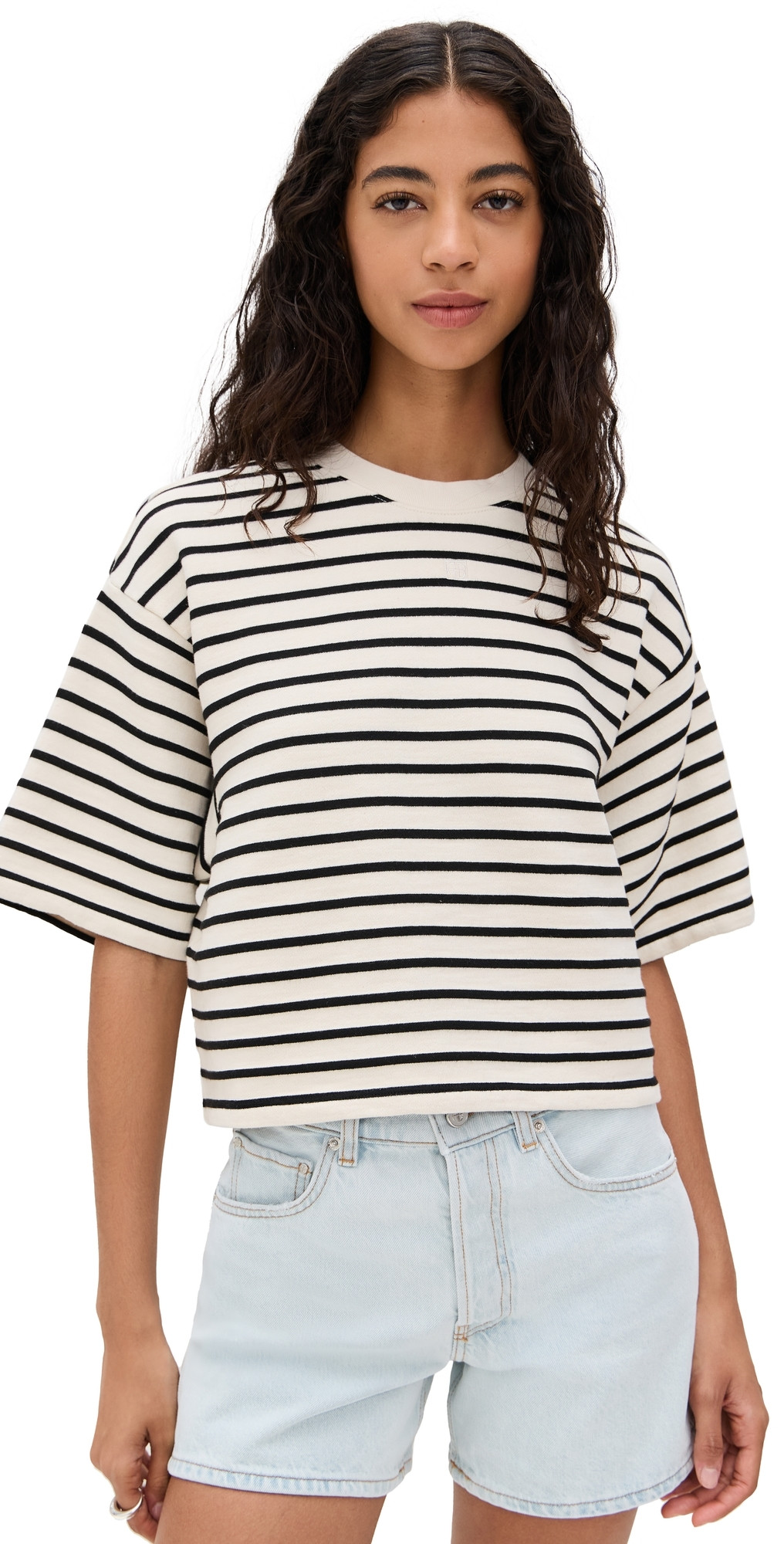 ANINE BING Myers Cropped Tee Black Stripe French Terry M | Shopbop