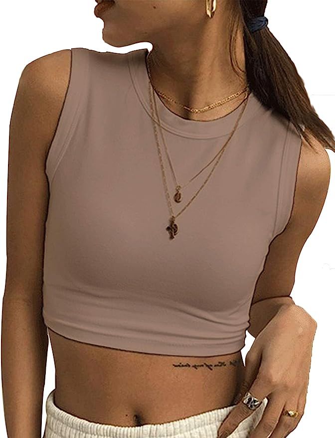 MISSACTIVER Women Round Neck Crop Top Basic Solid Sleeveless Crop Tank Vest Top | Amazon (US)