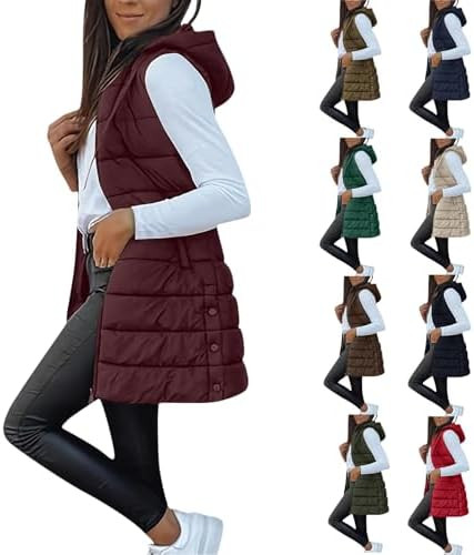 Long Puffer Vest Women Winter Hooded Sleeveless Coat Warm Quilted Vest Jacket Zip Up Puffy Coat F... | Amazon (US)