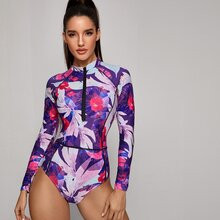 Floral Print Zipper Front Surfing Swimsuit | SHEIN