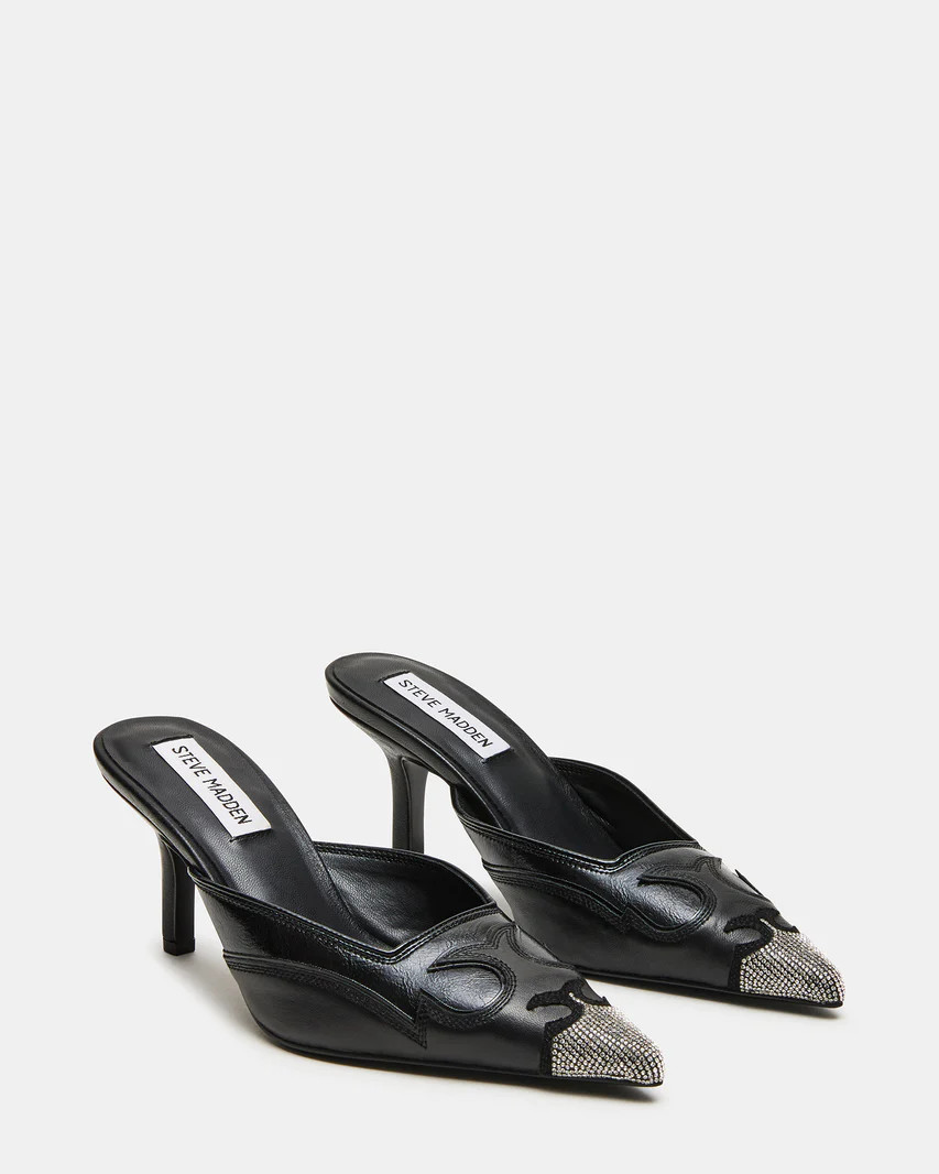 THORIN Black Leather Rhinestones Pointed Toe Mule Heel | Women's Heels | Steve Madden (US)