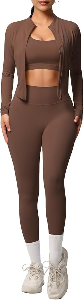 3 Piece Women\u2019s Workout Set \u2013 Zip-Up Jacket, Sports Bra & High-Waist Leggings \u2013 St... | Amazon (US)