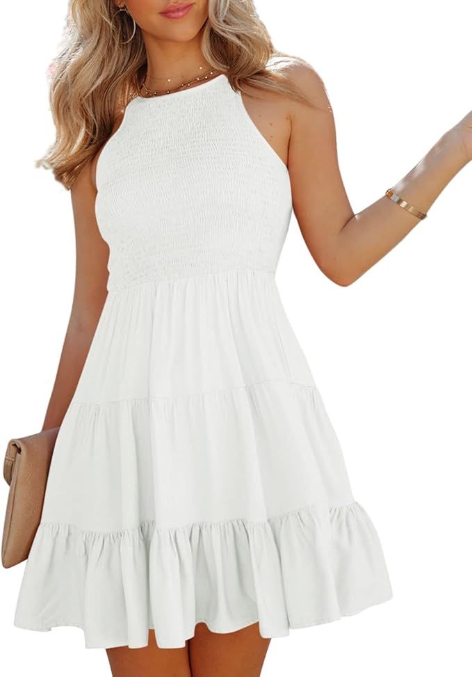 Womens Smocked Mini Dress Casual Summer Sleeveless Crew Neck Flowy Ruffle Tiered A-Line Dresses S... | Amazon (US)