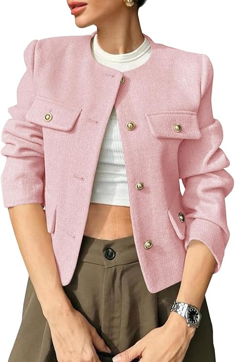 Cicy Bell Womens Cropped Tweed Blazer Jackets Collarless Button Down Business Casual Outfits with... | Amazon (US)