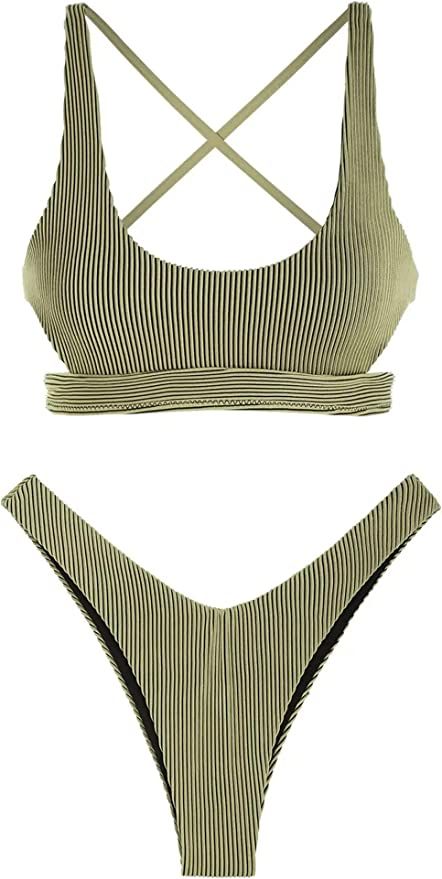 ZAFUL Womens Bikini Set Cutout Scoop Neck Two Piece Bathing Suit Criss Cross Back Tie Swimwear | Amazon (US)