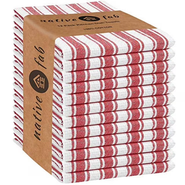 Native Fab Basket Weave Stripe Kitchen Towels, Set of 12, Cotton, 15x25 Red White | Walmart (US)