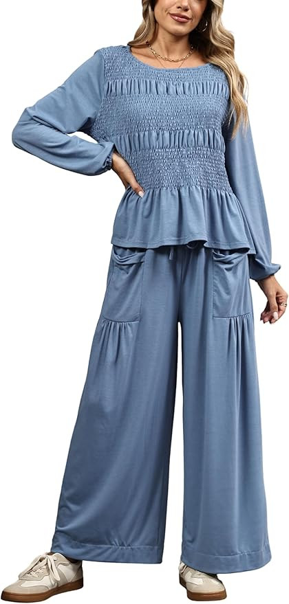 Womens 2-Piece Boho Long Sleeve Smocked Top & Wide Leg Pants Set Casual Lounge Outfit with Pocket... | Amazon (US)
